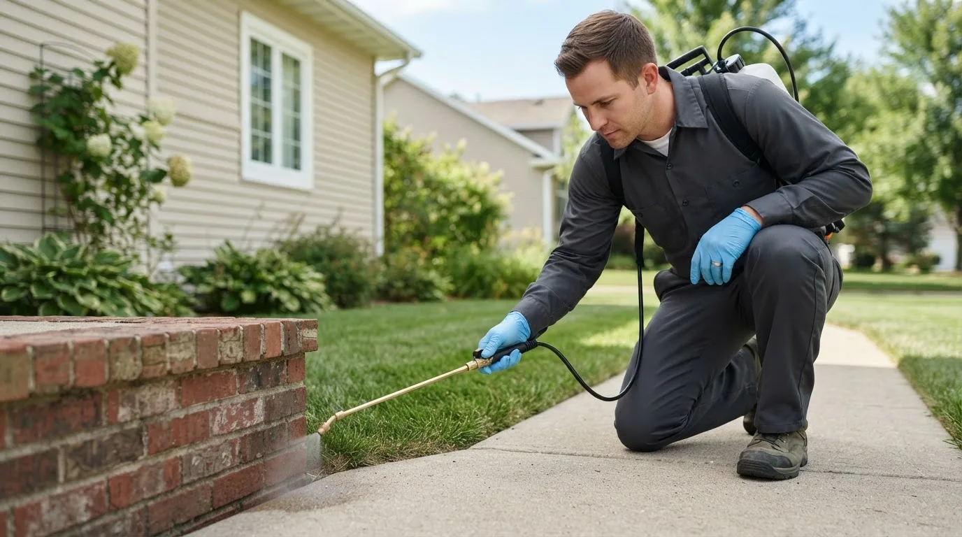 Pest control technician treating a home near Iowa City, IA
