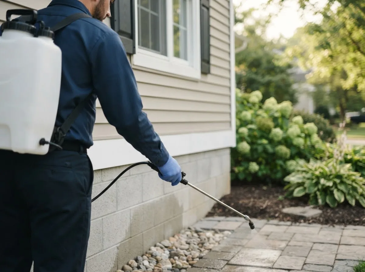 Pest control technician inspecting a home in Iowa City, IA